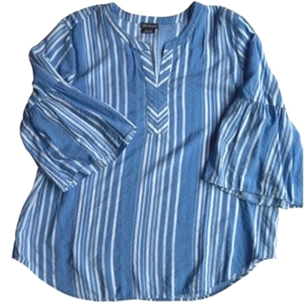 Van Heusen Blue White Striped Bell Sleeve V-Neck Blouse XL
